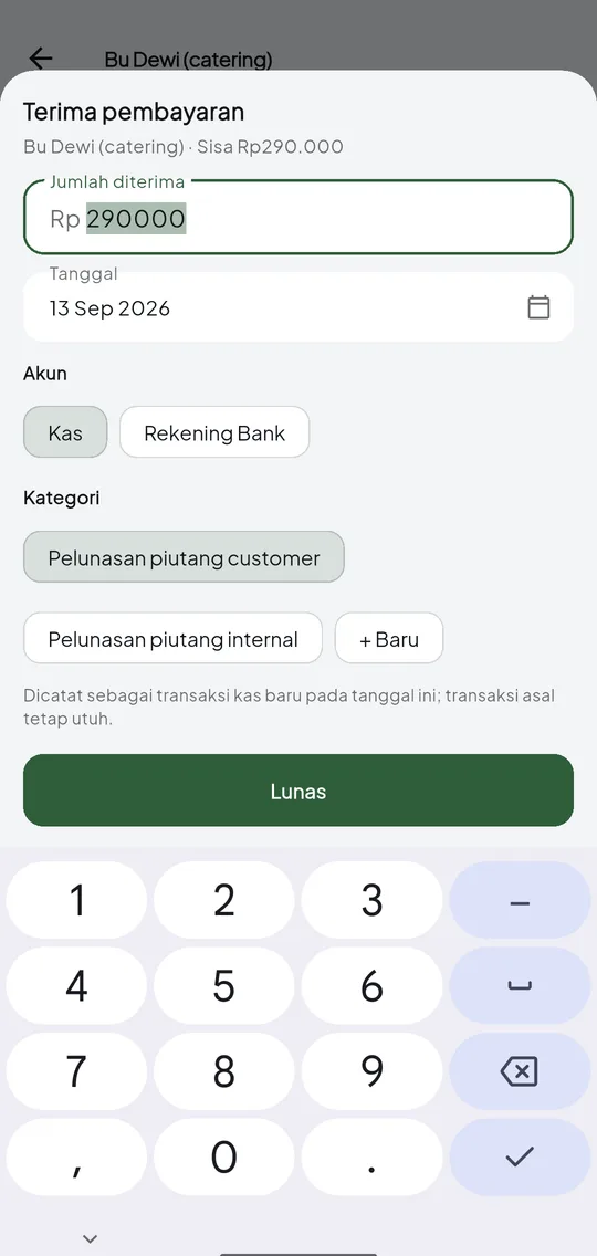 Lembar Terima pembayaran: jumlah, tanggal, akun, kategori